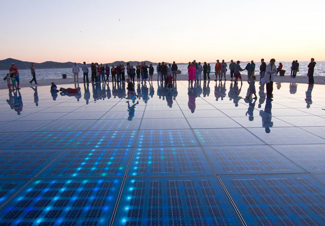 The Greeting to the Sun monument at dusk